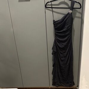 Signature by Sangria Black One-Shoulder Dress with Embellishment